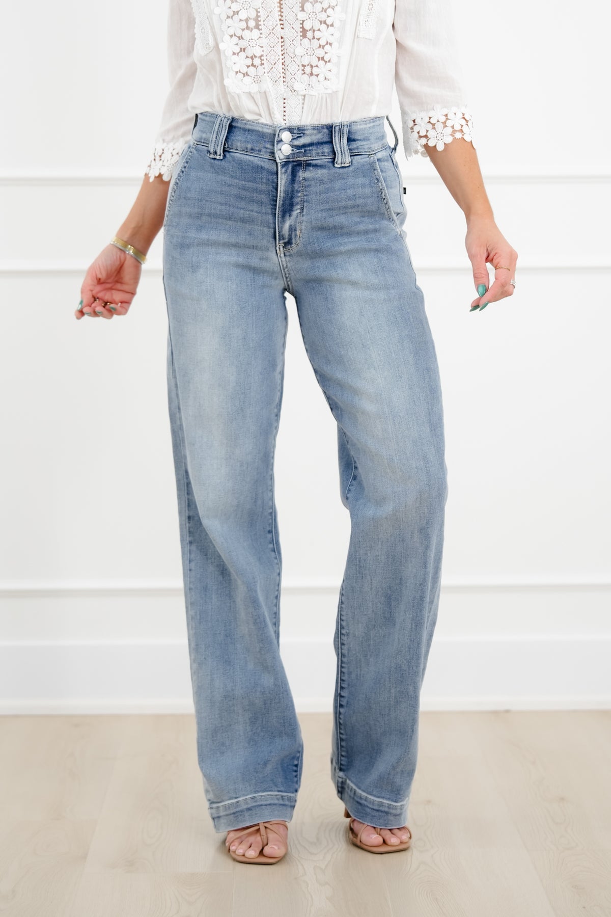 Judy Blue The Destiny High Rise Light Wash Multiple Inseam Wide Leg Trouser Jeans - Freckled Poppy