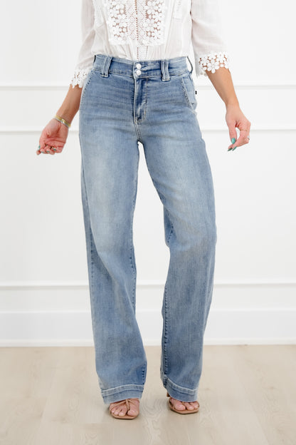 Judy Blue The Destiny High Rise Light Wash Multiple Inseam Wide Leg Trouser Jeans - Freckled Poppy