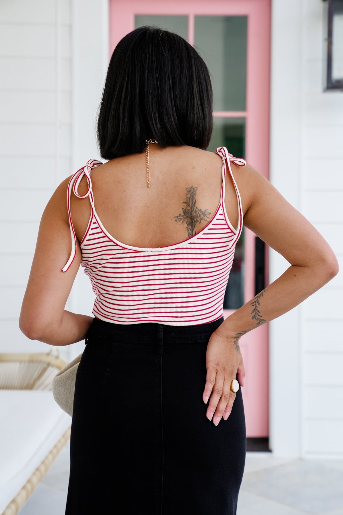 Stripe Sleeveless Shoulder Tie Bodysuit - Freckled Poppy