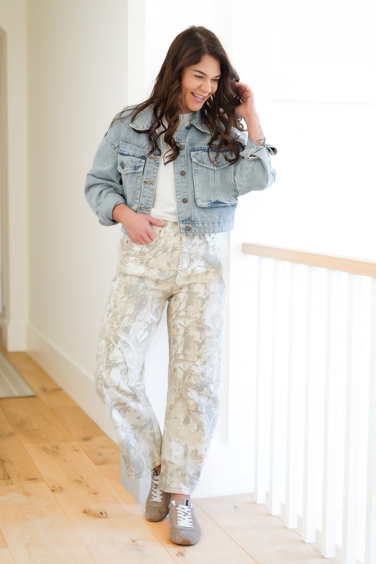 Restock! Saige High Rise Sand Tummy Control Barrel Camo Jeans - Freckled Poppy
