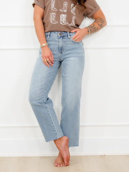 Judy Blue Mid Rise Medium Wash Straight Leg Ankle Jeans with Bandana Loop - Freckled Poppy