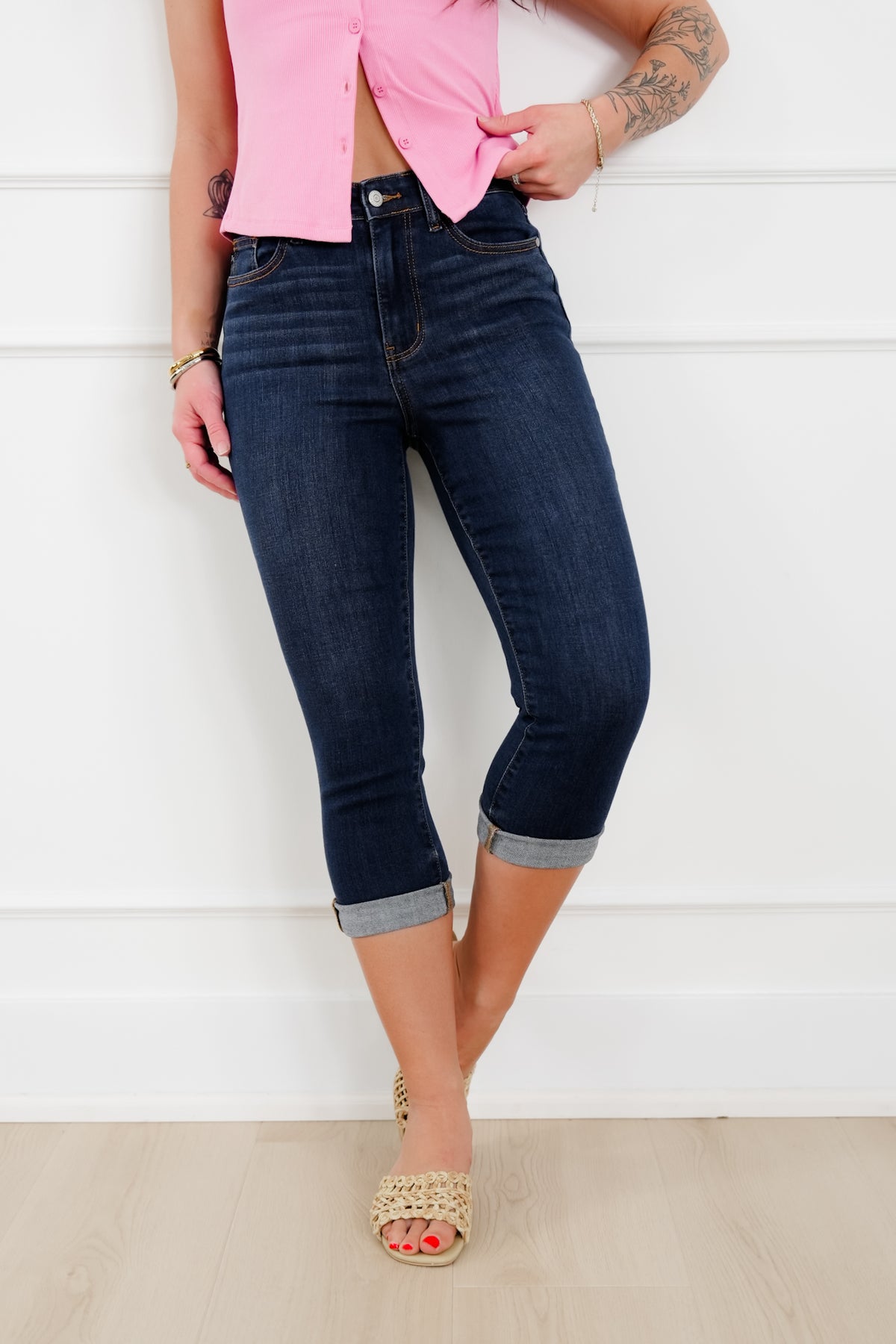 Judy Blue High Rise Dark Wash Cuffed Capri - Freckled Poppy