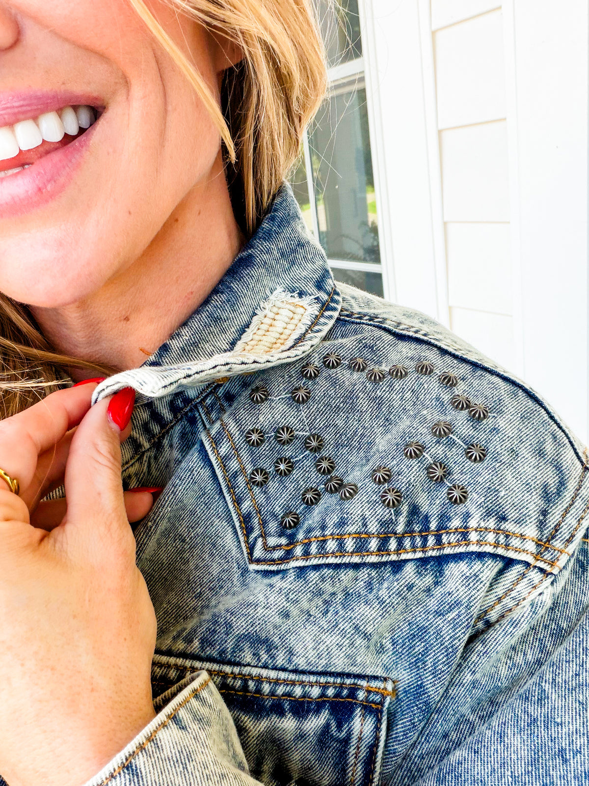 POL Vintage Wash Long Sleeve Button Down Jacket with Stud Detail