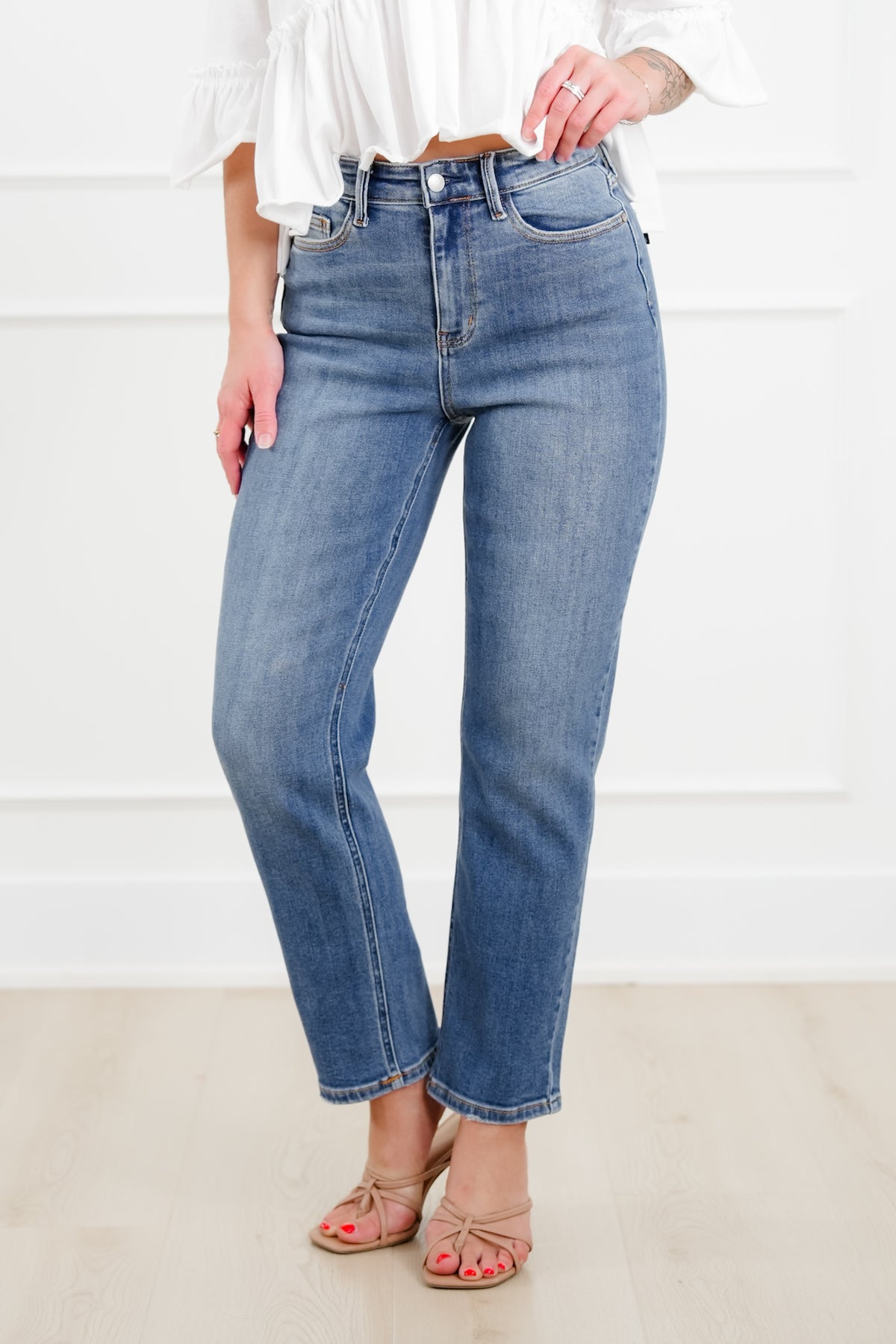 Judy Blue High Rise Medium Wash Ankle Length Straight Leg Jeans - Freckled Poppy