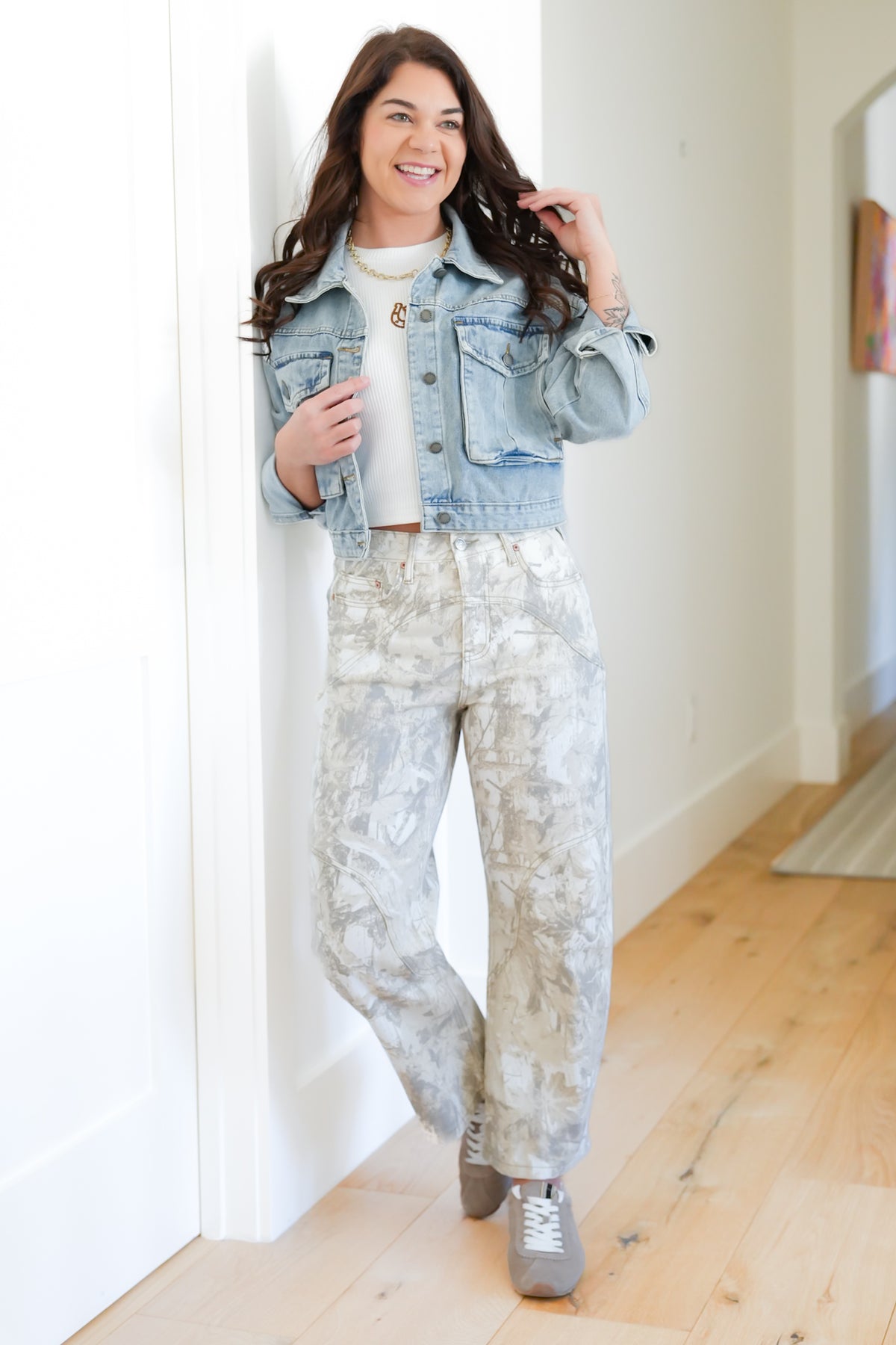 Restock! Saige High Rise Sand Tummy Control Barrel Camo Jeans - Freckled Poppy
