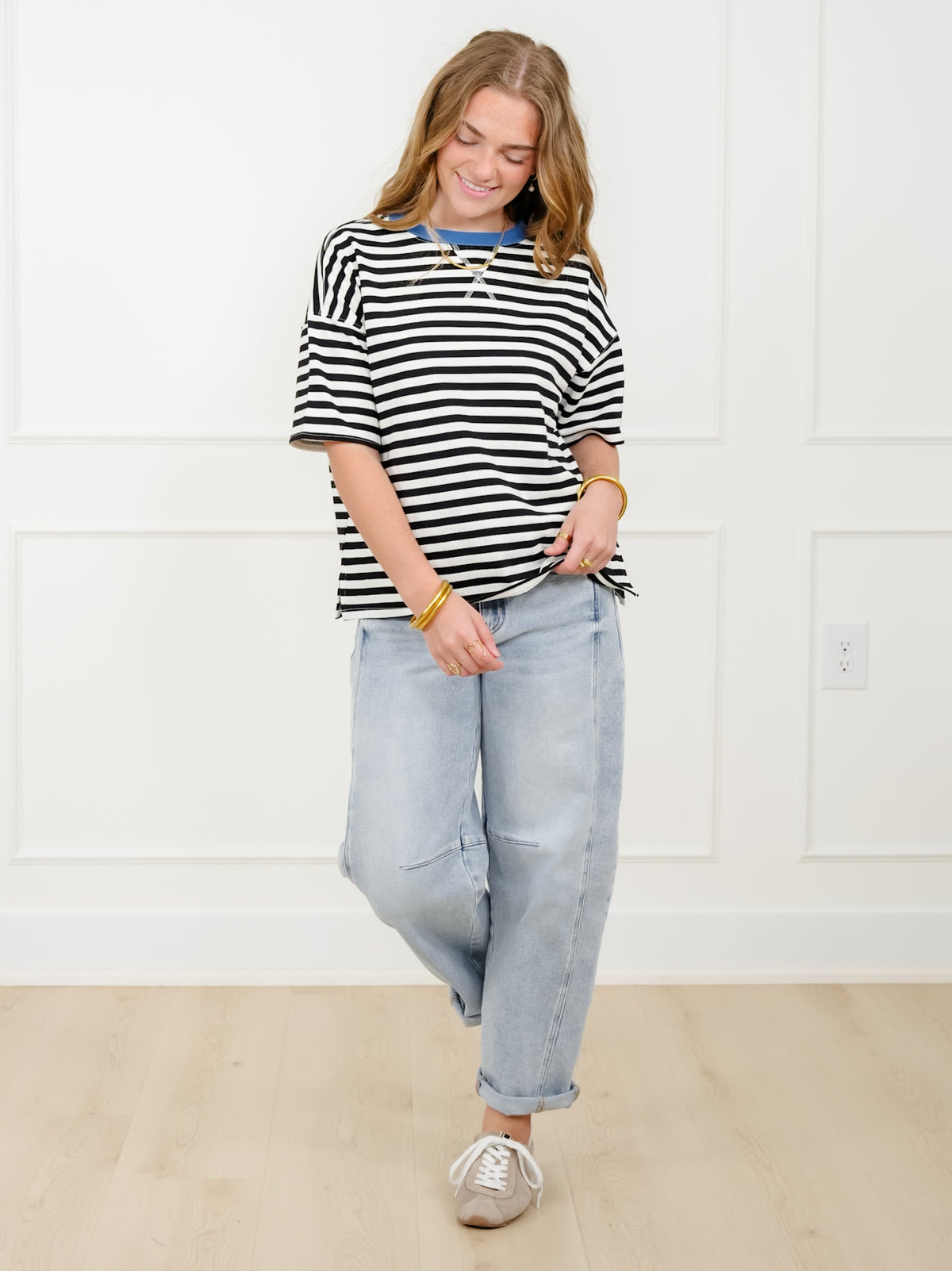 Plus/Reg Black Stripe Short Sleeve Knit Top - Freckled Poppy