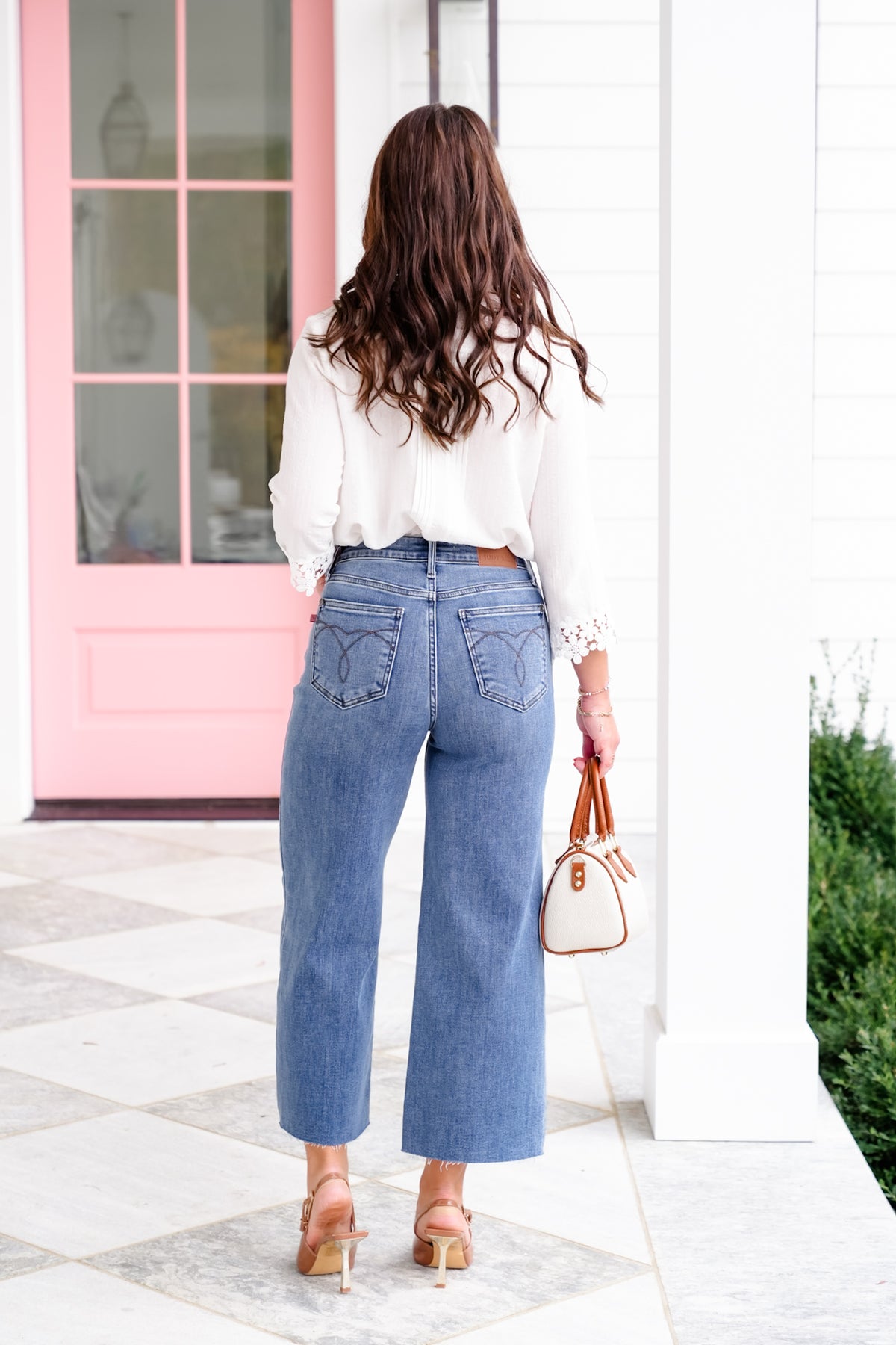 Judy Blue High Rise Medium Wash Classic Wide Leg Cropped Raw Hem Jeans - Freckled Poppy