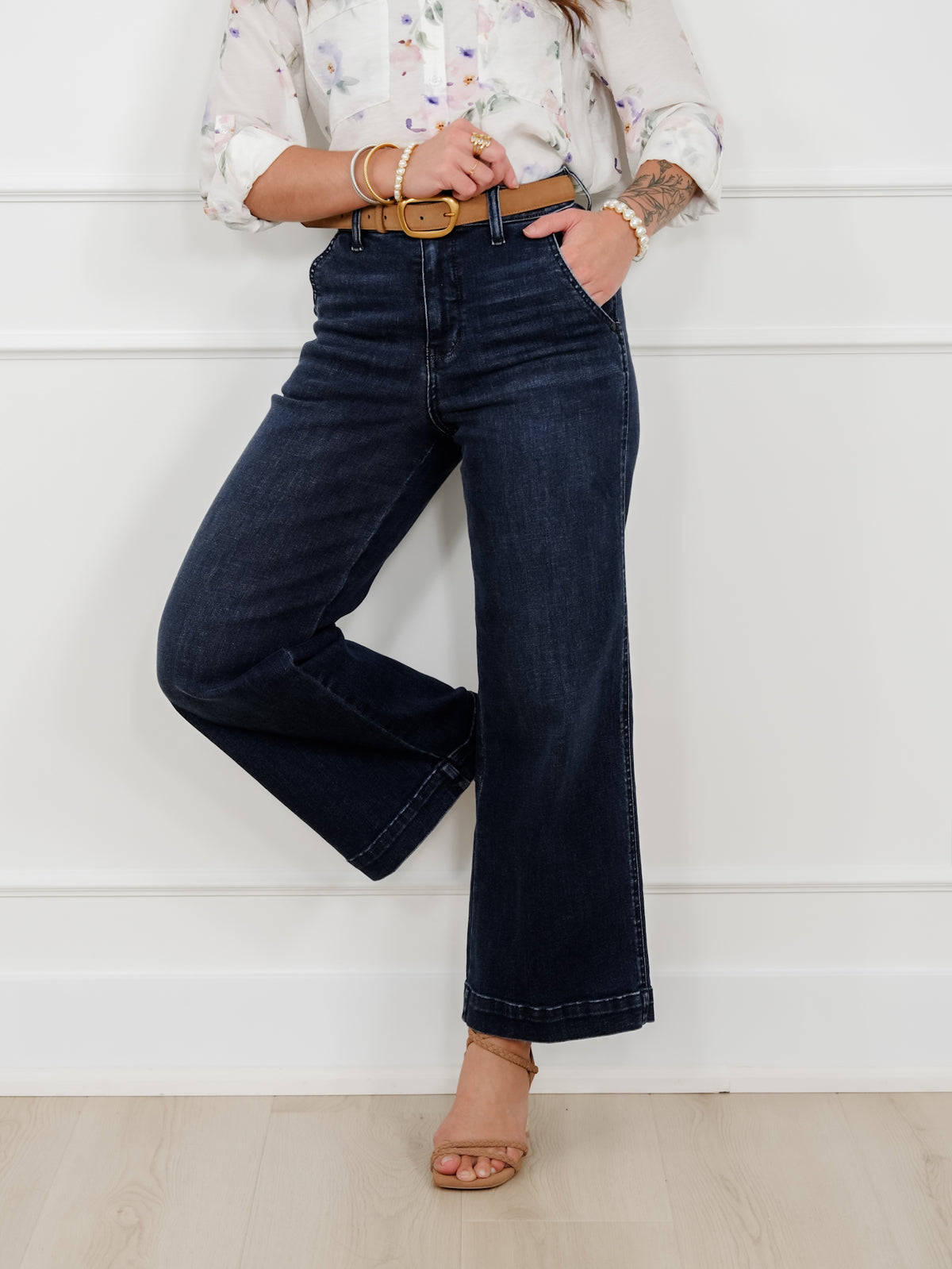 Judy Blue the Jasmine High Rise Dark Wash Wide Leg Ankle Trouser Jeans - Freckled Poppy