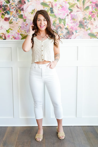 Judy Blue High Rise White Tummy Control Capri with Extended Waistband - Freckled Poppy