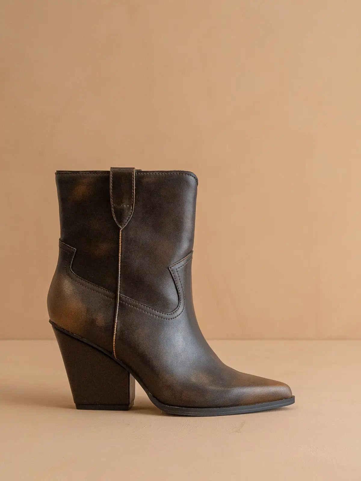 Restock! Distressed Vegan Leather Western Ankle Boots with Pointed Toe - Freckled Poppy