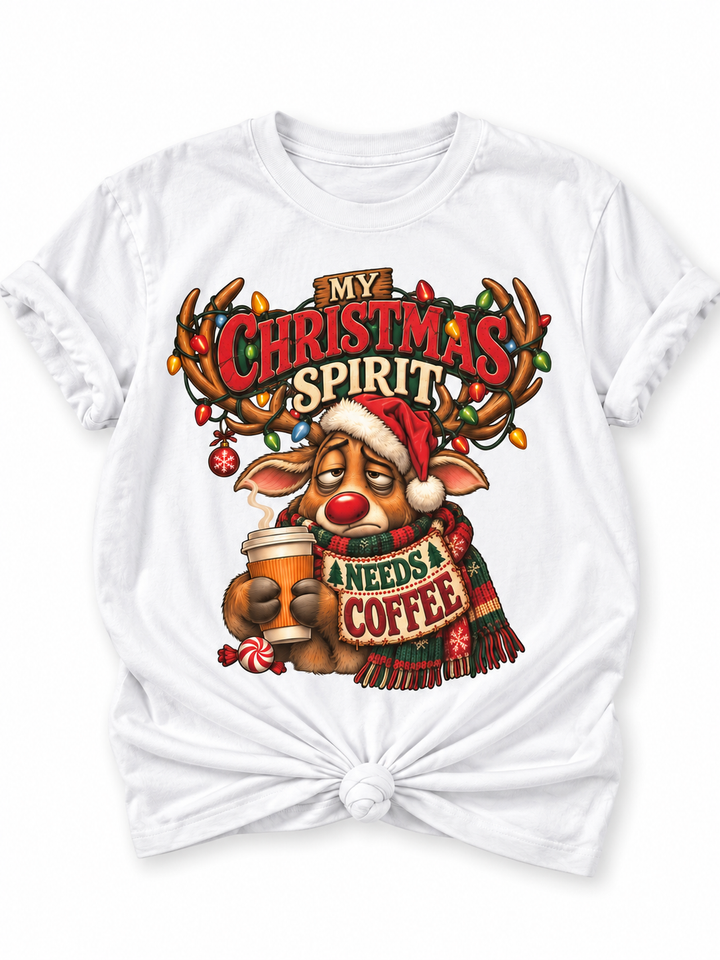 Plus/Reg Short Sleeve "My Christmas Spirit Needs a Coffee" Reindeer Graphic Tee - Freckled Poppy