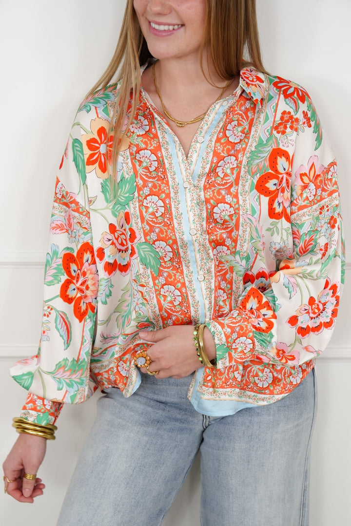 Floral Pattern Long Sleeve Button Up Blouse - Freckled Poppy