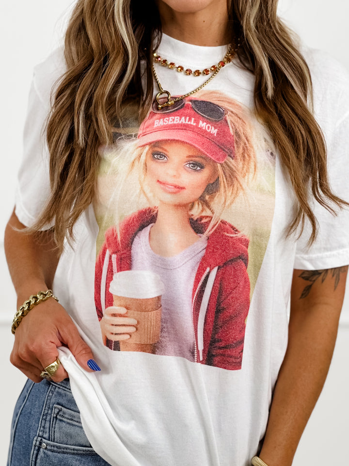 Plus/Reg Short Sleeve "Barbie Baseball Mom" Graphic Tee - Freckled Poppy