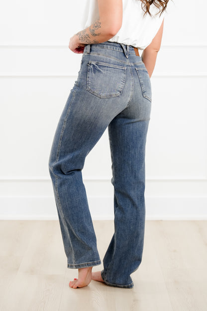 Judy Blue Keeping it Straight High Rise Medium Wash Tummy Control Straight Leg Jeans - Freckled Poppy