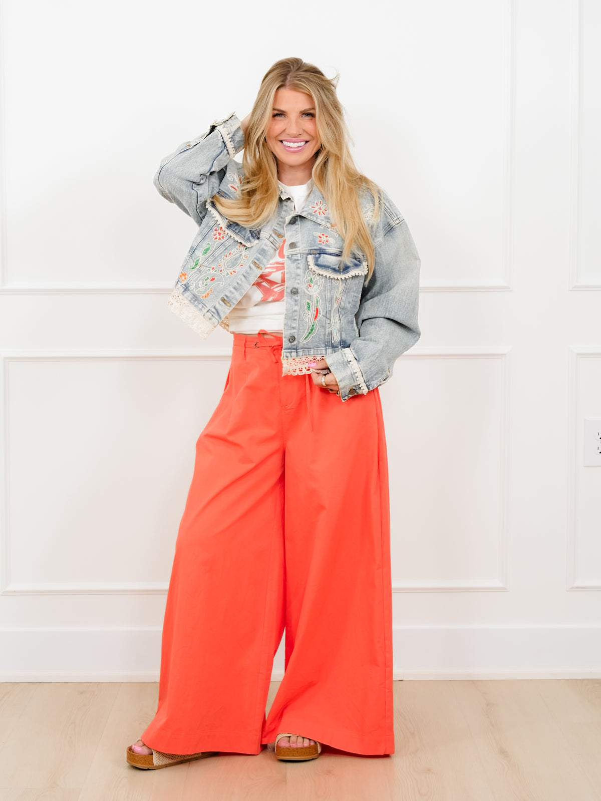 POL Embroidered Long Sleeve Jacket with Lace Trim - Freckled Poppy