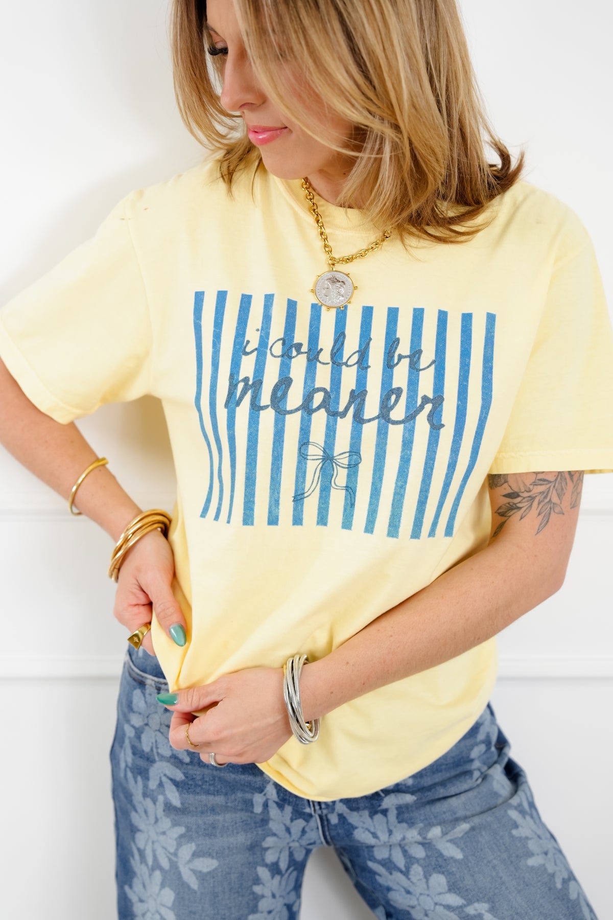 Plus/Reg Short Sleeve Yellow "I Could Be Meaner" Graphic Tee - Freckled Poppy
