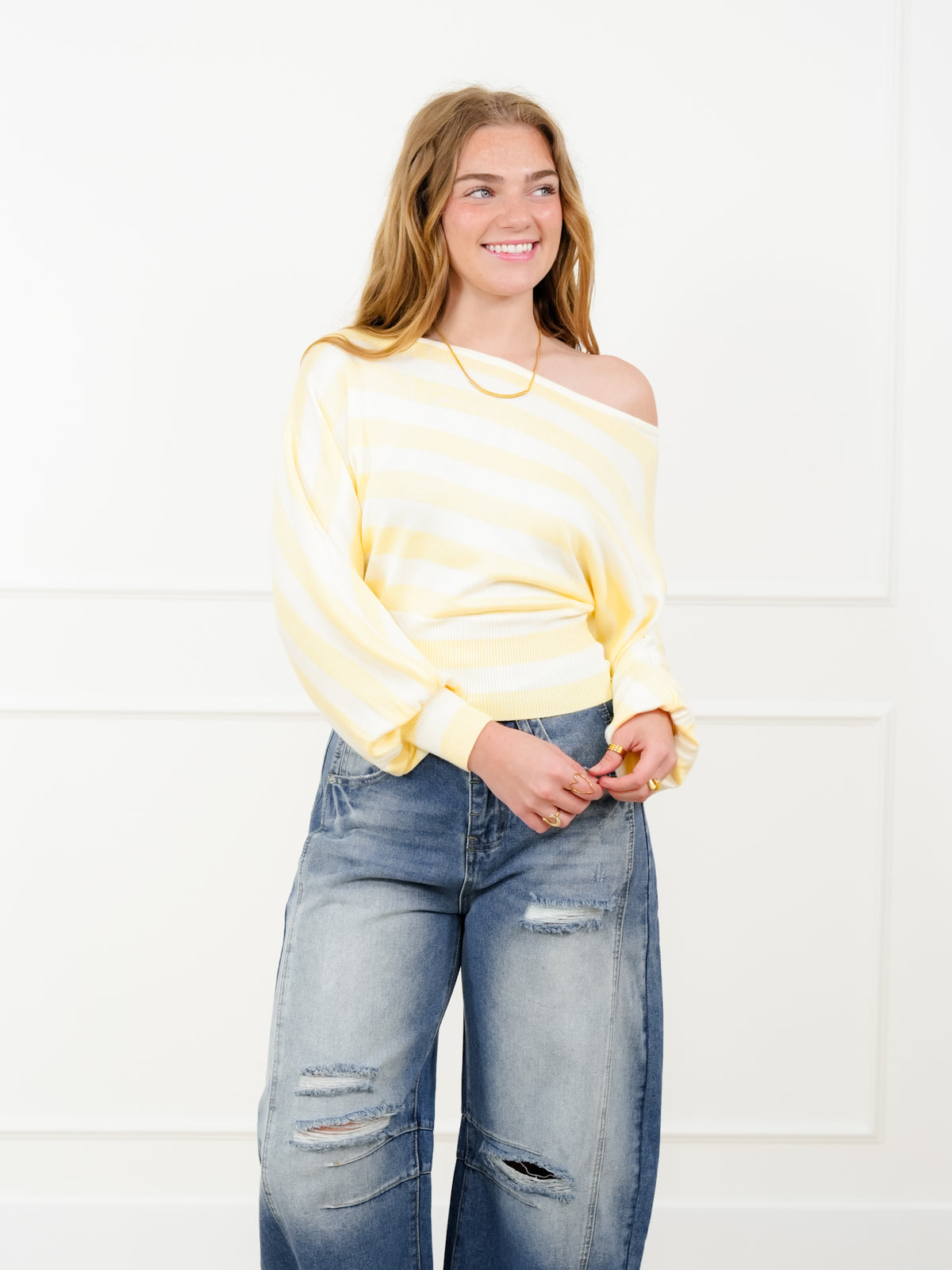 Stripe Long Sleeve Boat Neck Sweater - Freckled Poppy