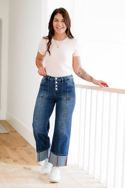 Risen Multi Inseam High Rise Dark Wash Cropped Wide Cuffed Straight Leg Jeans - Freckled Poppy