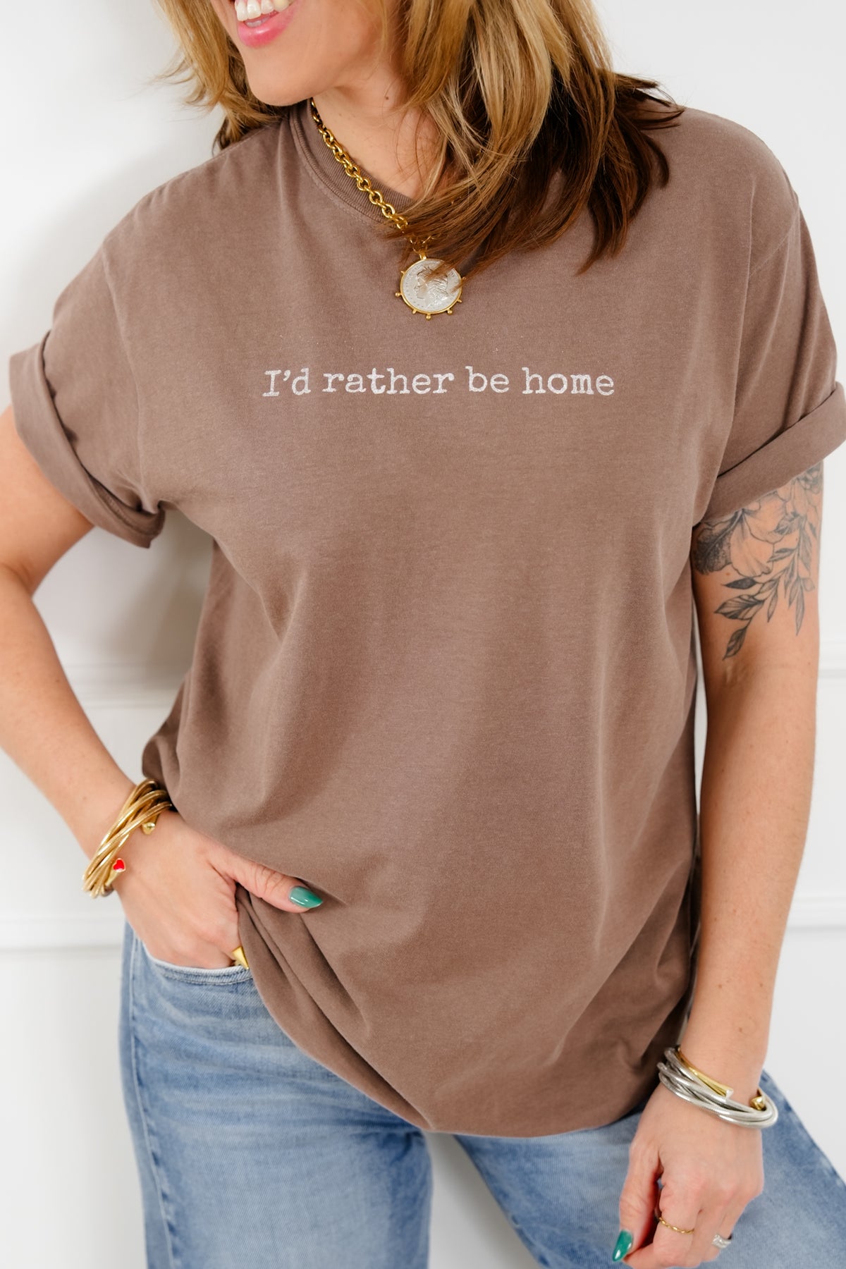 Plus/Reg Short Sleeve "I'd Rather Be Home" Graphic Tee - Freckled Poppy