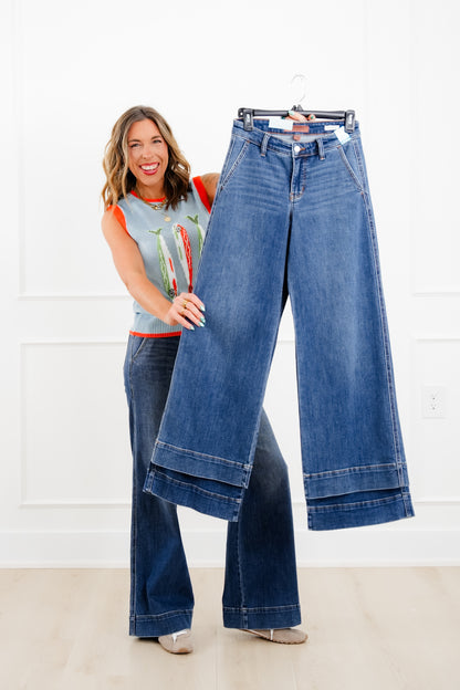Judy Blue The Rory Petite/Reg Mid Rise Dark Wash Retro Wide Leg Trouser Jeans - Freckled Poppy