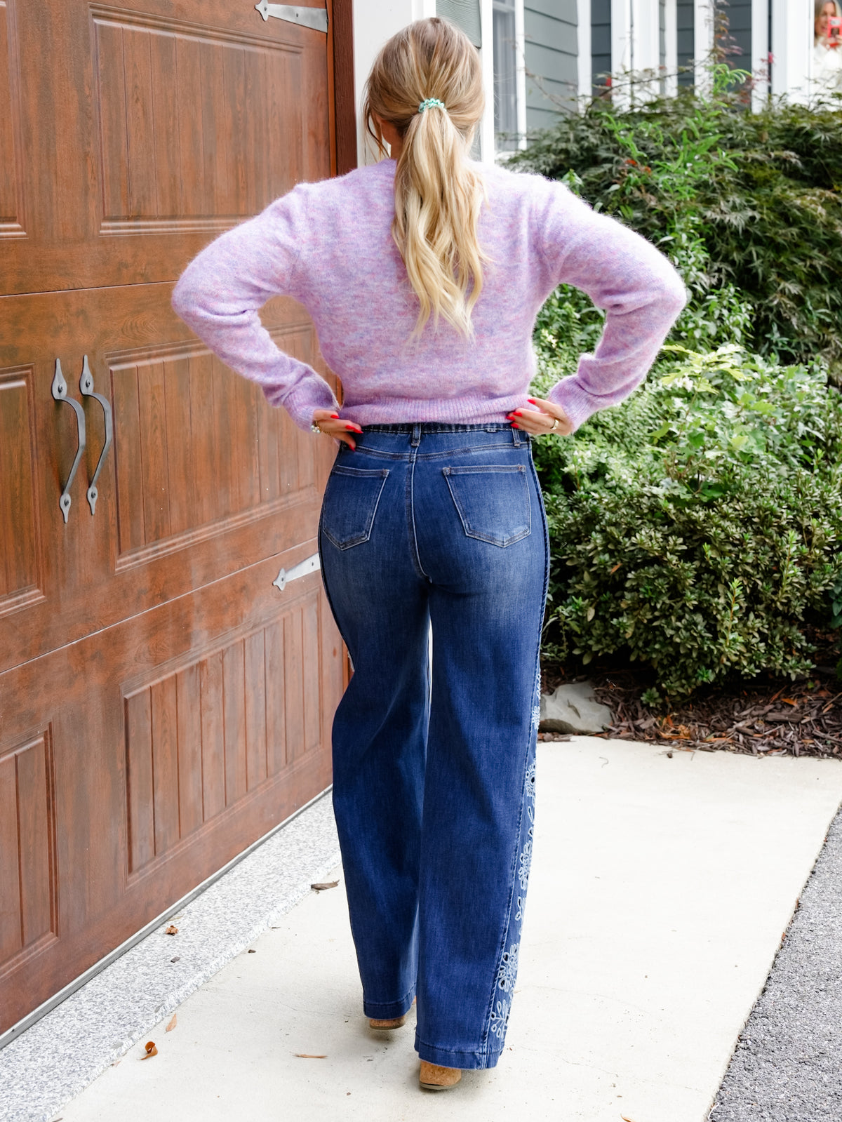 Saige High Rise Medium Wash Tummy Control Wide Leg Jeans With Eyelet Embroidery