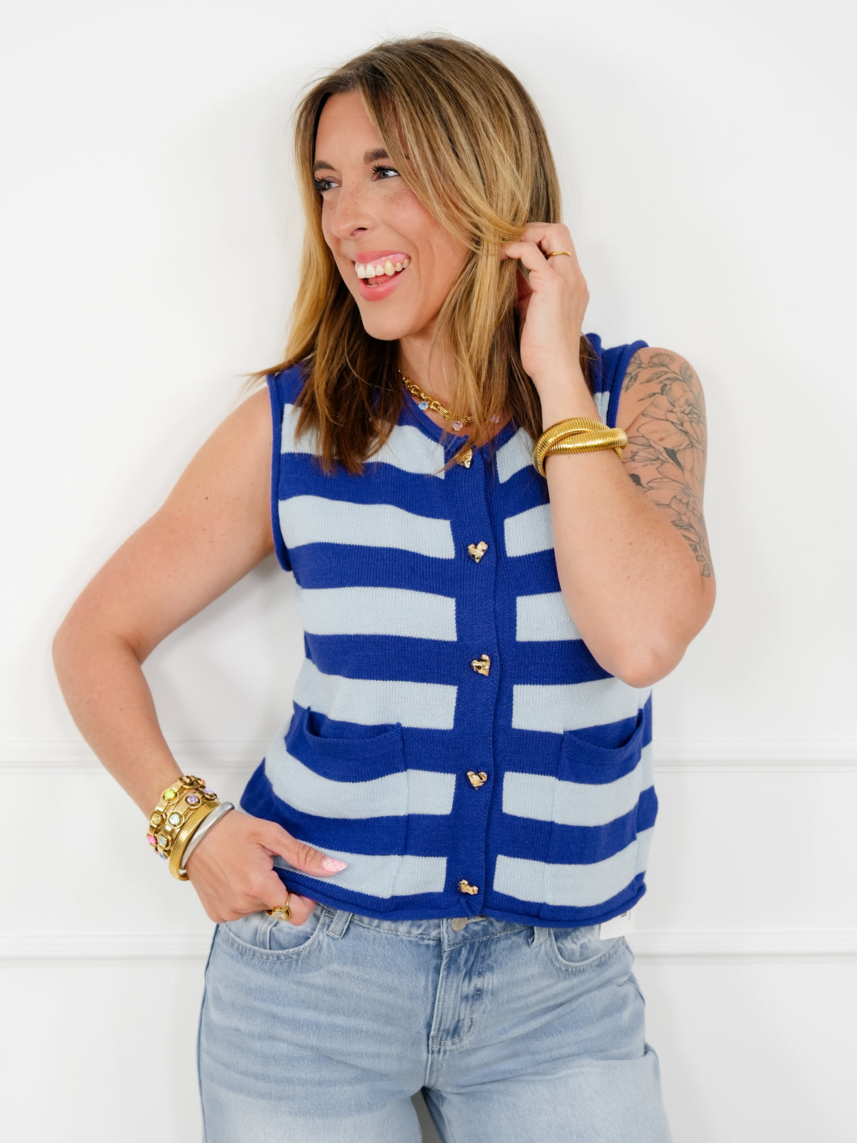Stripe Sweater Vest with Heart Buttons - Freckled Poppy