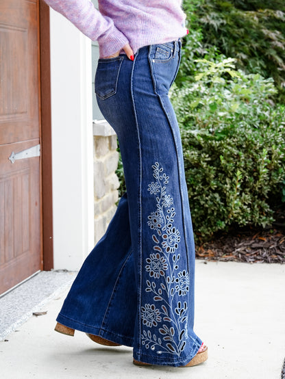 Saige High Rise Medium Wash Tummy Control Wide Leg Jeans With Eyelet Embroidery