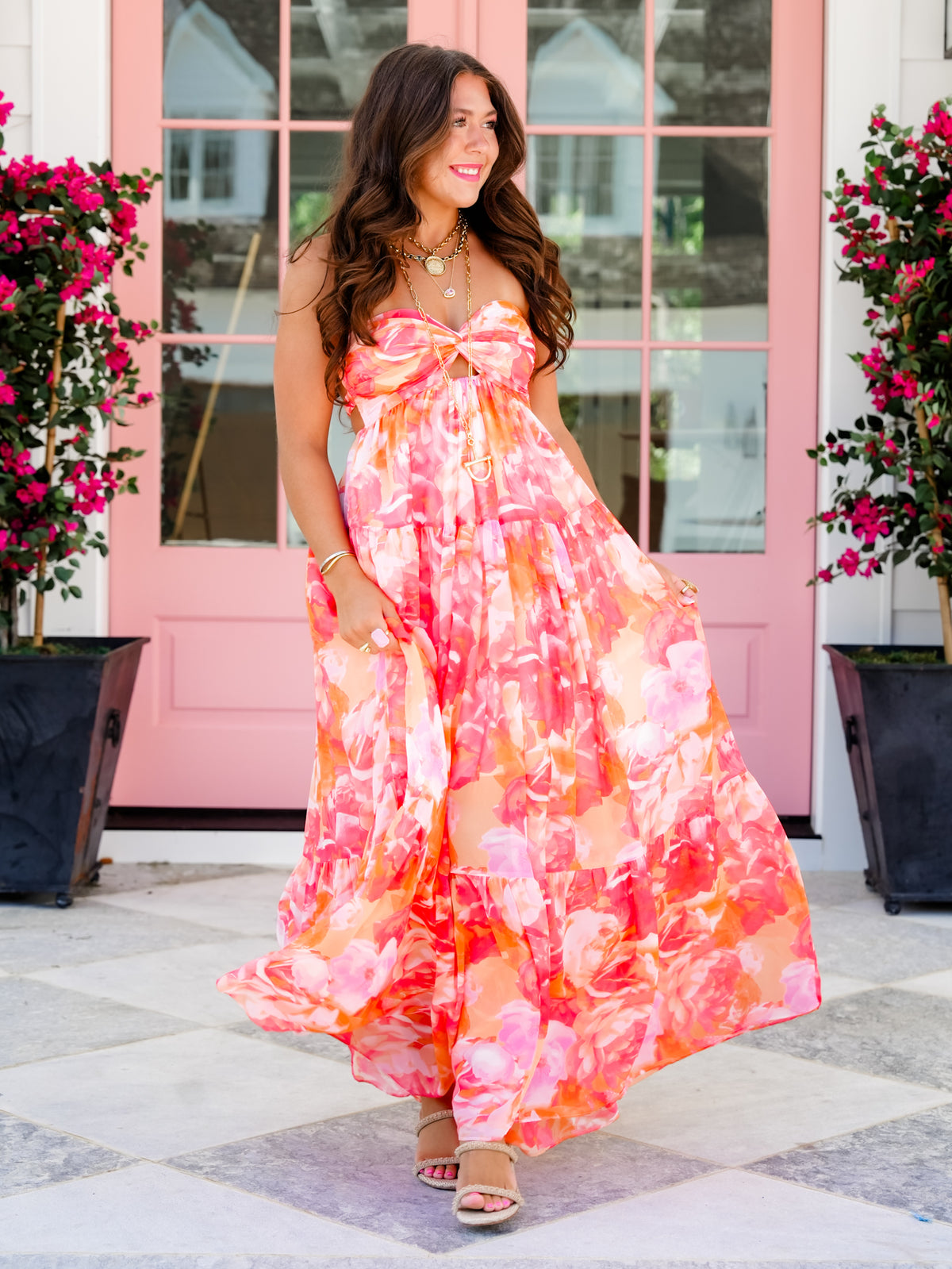 Floral Strapless Twisted Ruched Bust Maxi Dress - Freckled Poppy