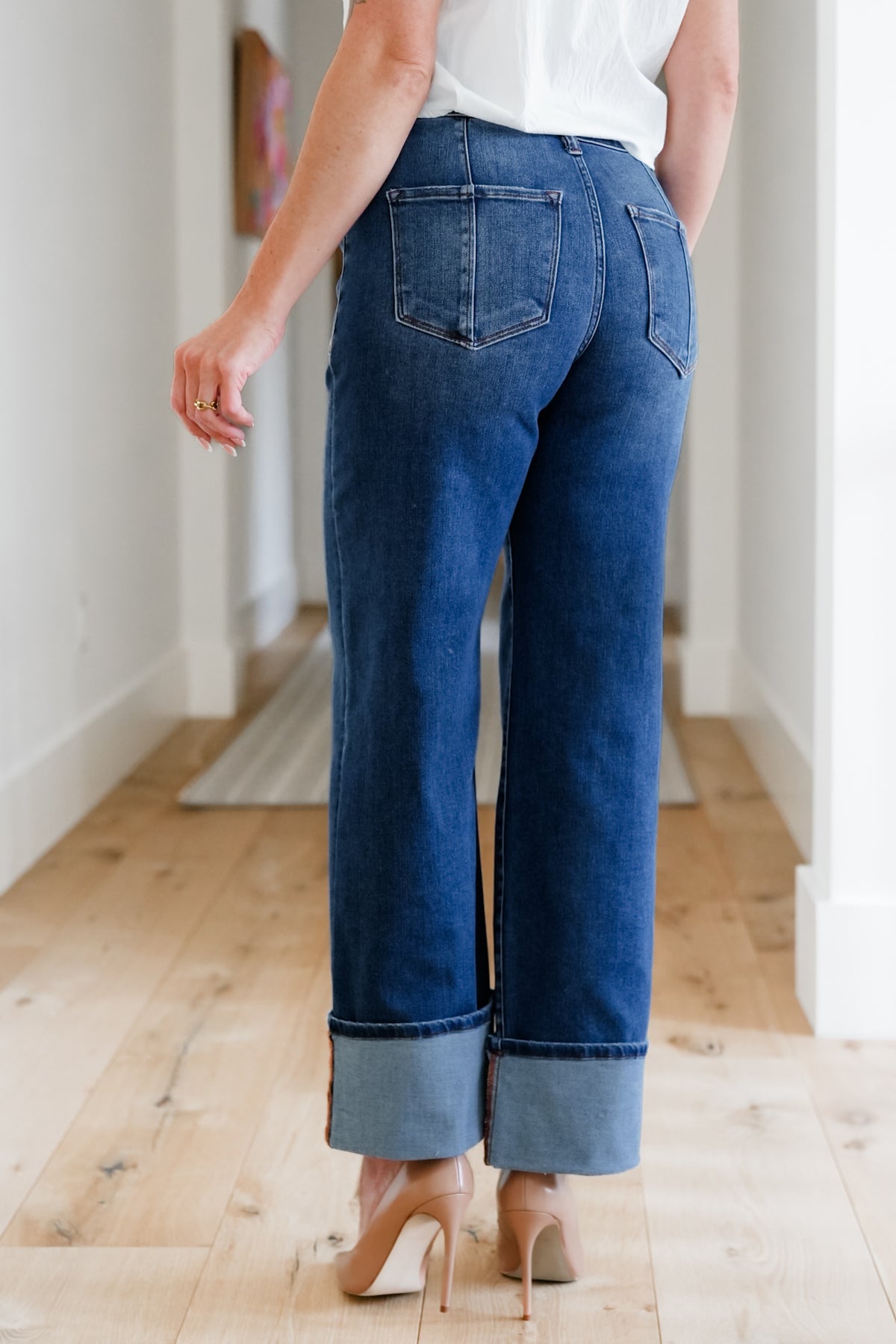 Risen Multi Inseam High Rise Dark Wash Cropped Wide Cuffed Straight Leg Jeans - Freckled Poppy