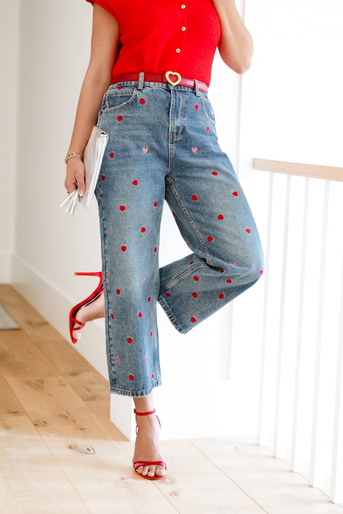 Medium Washed High Rise Embroidered Hearts Jeans - Freckled Poppy