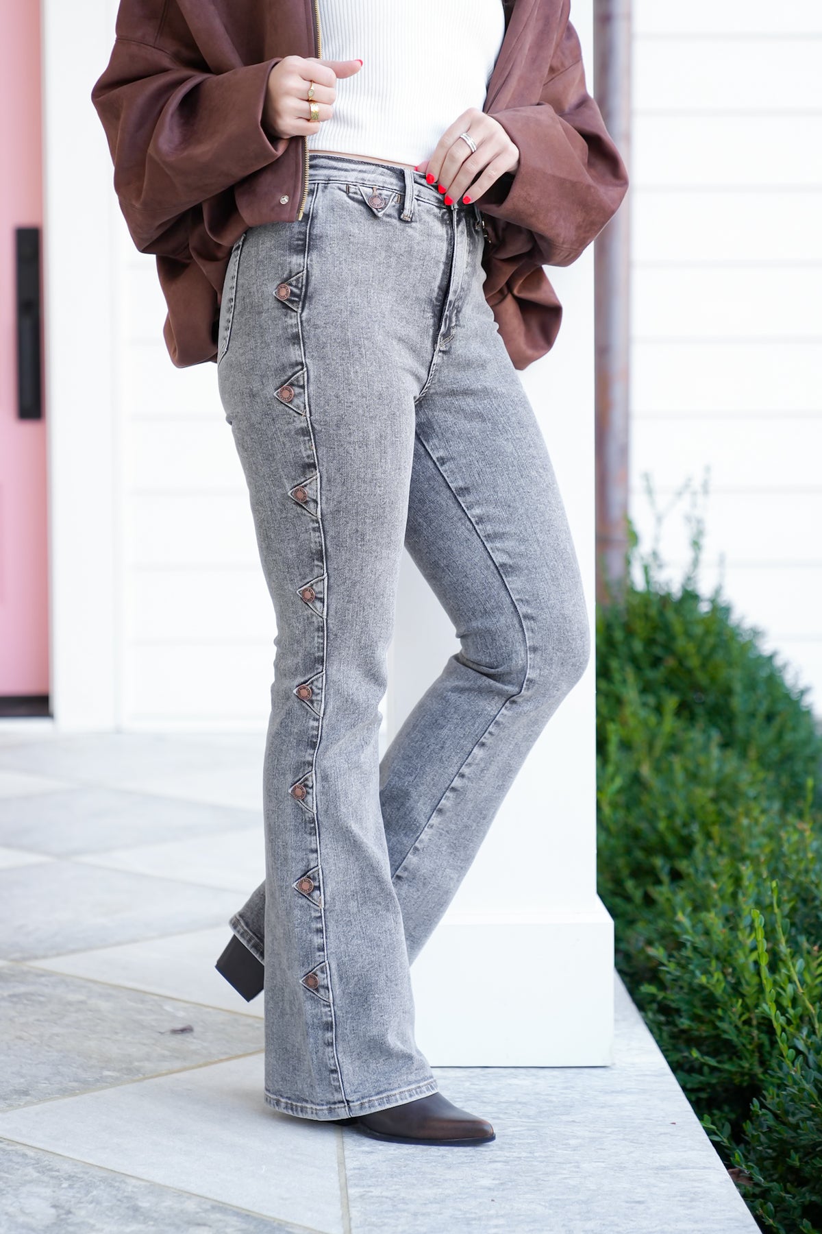 Judy Blue High Rise Grey Tummy Control Bootcut Jeans with Western Side Seam - Freckled Poppy