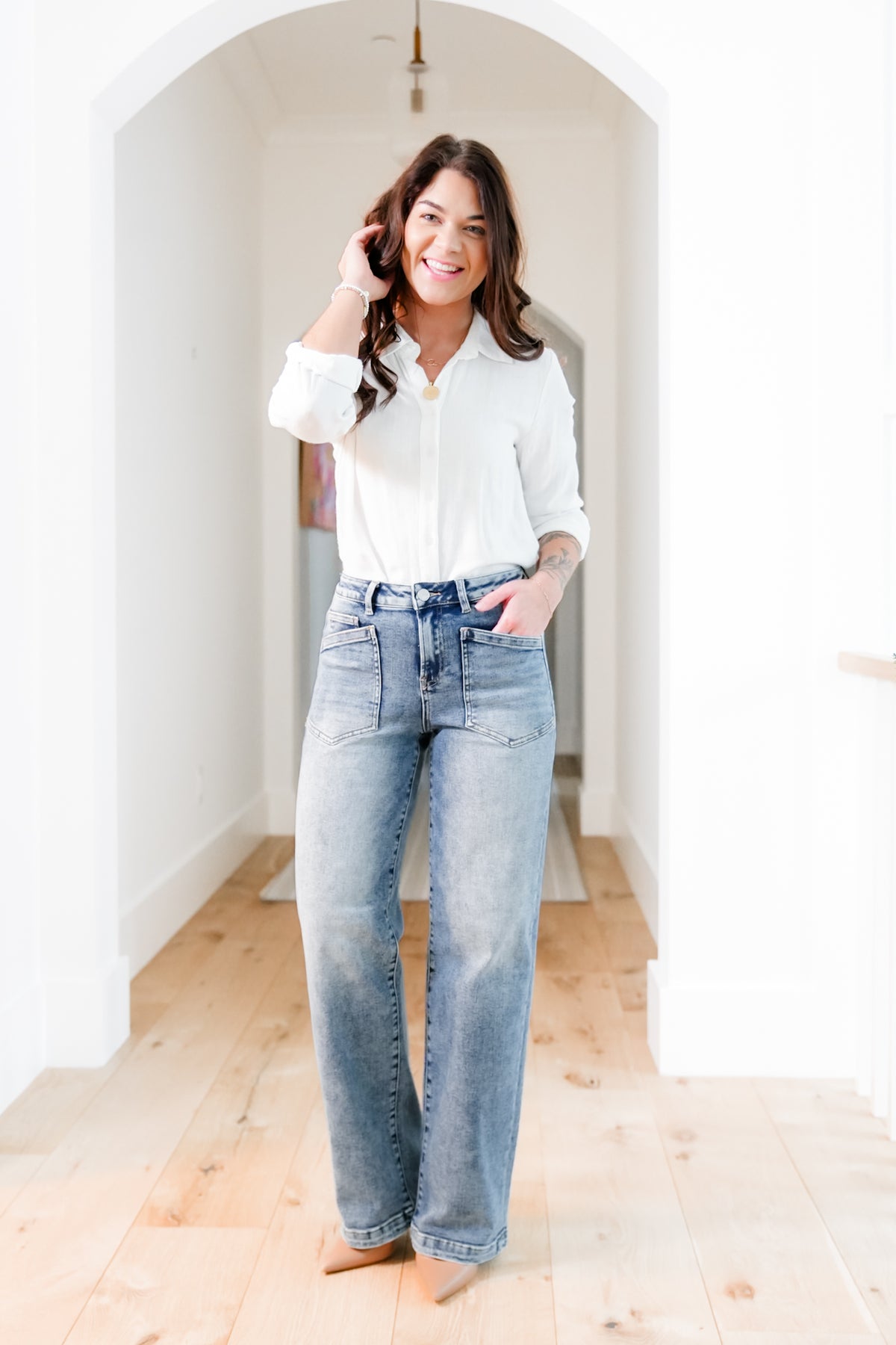 Risen Mid Rise Medium Wash Relaxed Fit Baggy Jeans with Patch Pockets - Freckled Poppy
