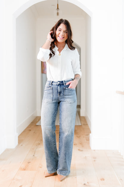 Risen Mid Rise Medium Wash Relaxed Fit Baggy Jeans with Patch Pockets - Freckled Poppy