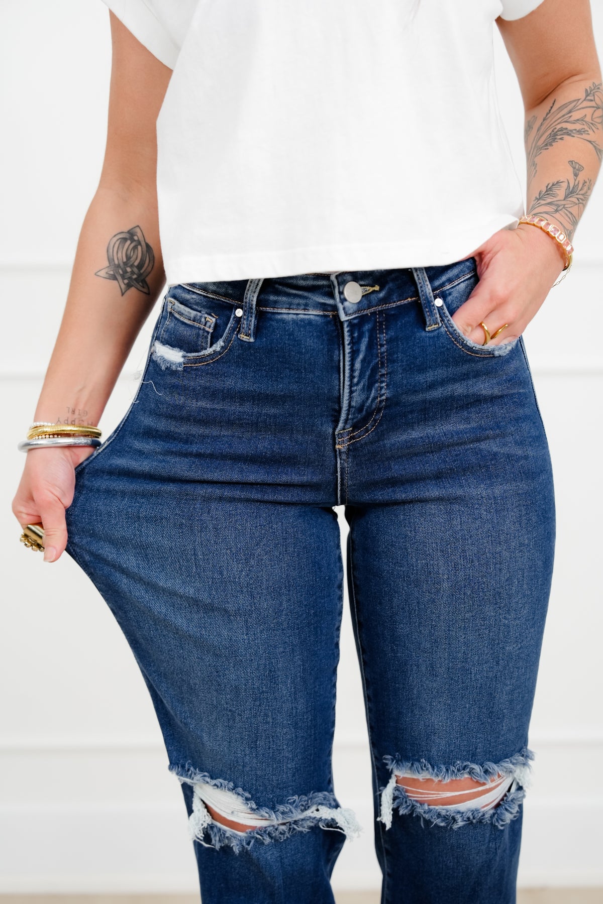 Risen High Rise Dark Wash Tummy Control Distressed Girlfriend Jeans - Freckled Poppy