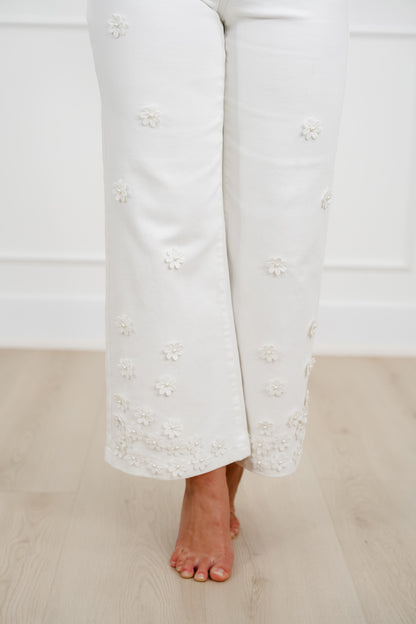 Risen Mid Rise Cream Tummy Control Wide Leg Jeans with Flowers - Freckled Poppy