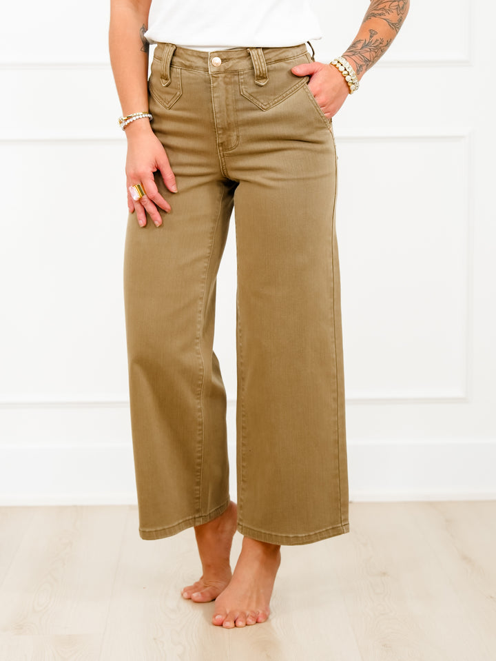 Judy Blue High Rise Yoke Front Brown Wide Leg Ankle Jeans - Freckled Poppy