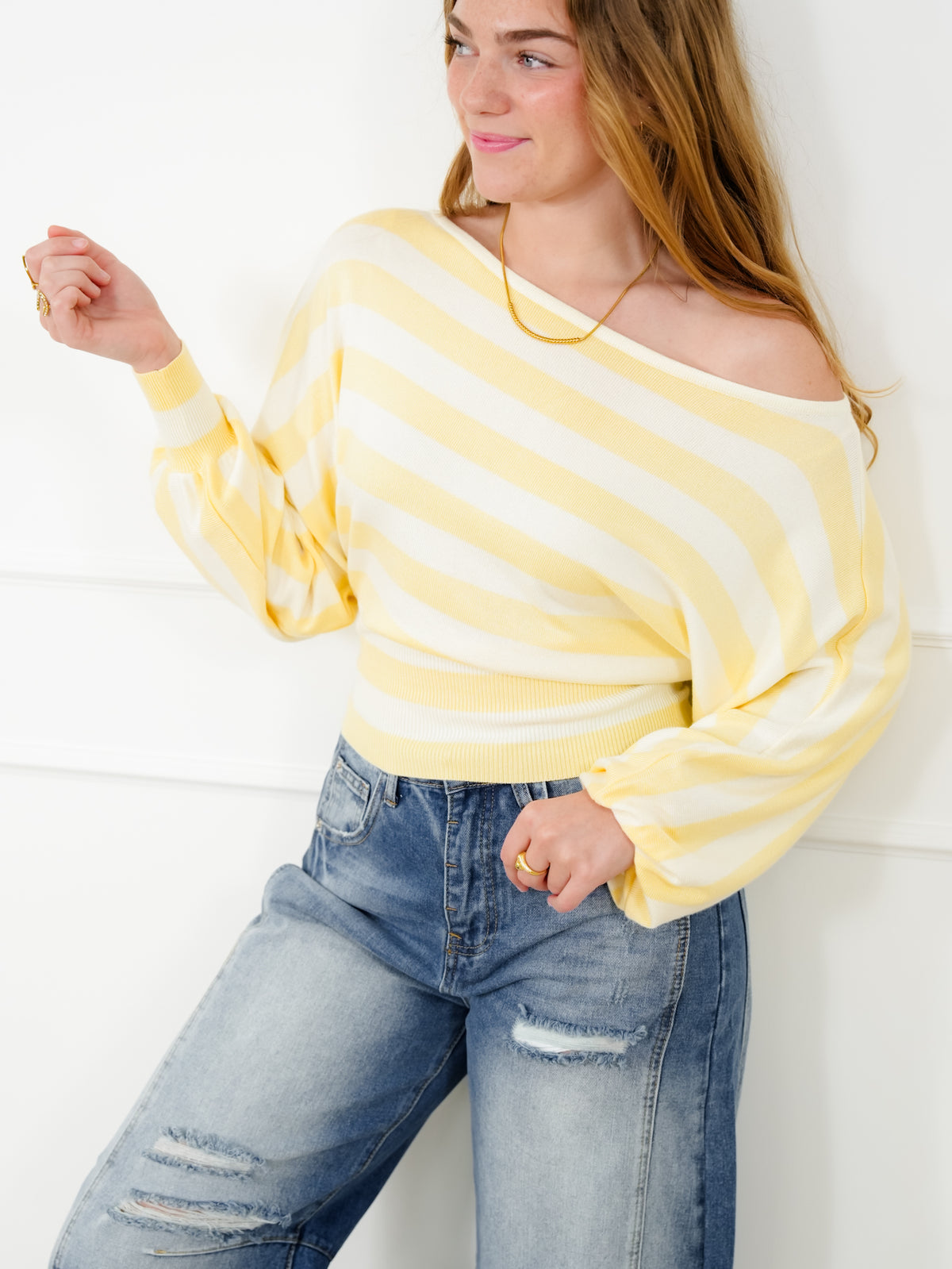 Stripe Long Sleeve Boat Neck Sweater - Freckled Poppy