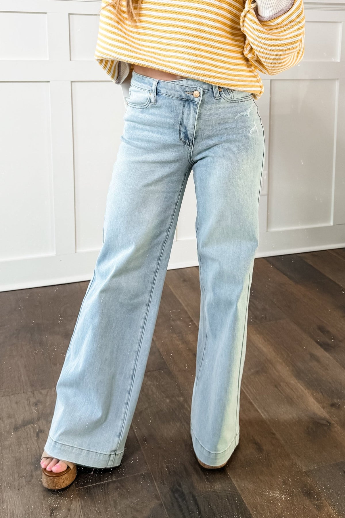 Judy Blue High Rise Light Wash Distressed Criss Cross Waistband Retro Wide Leg Jeans - Freckled Poppy