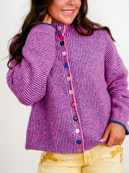 Striped Long Sleeve Mock Neck Sweater Cardigan With Colorful Buttons - Freckled Poppy