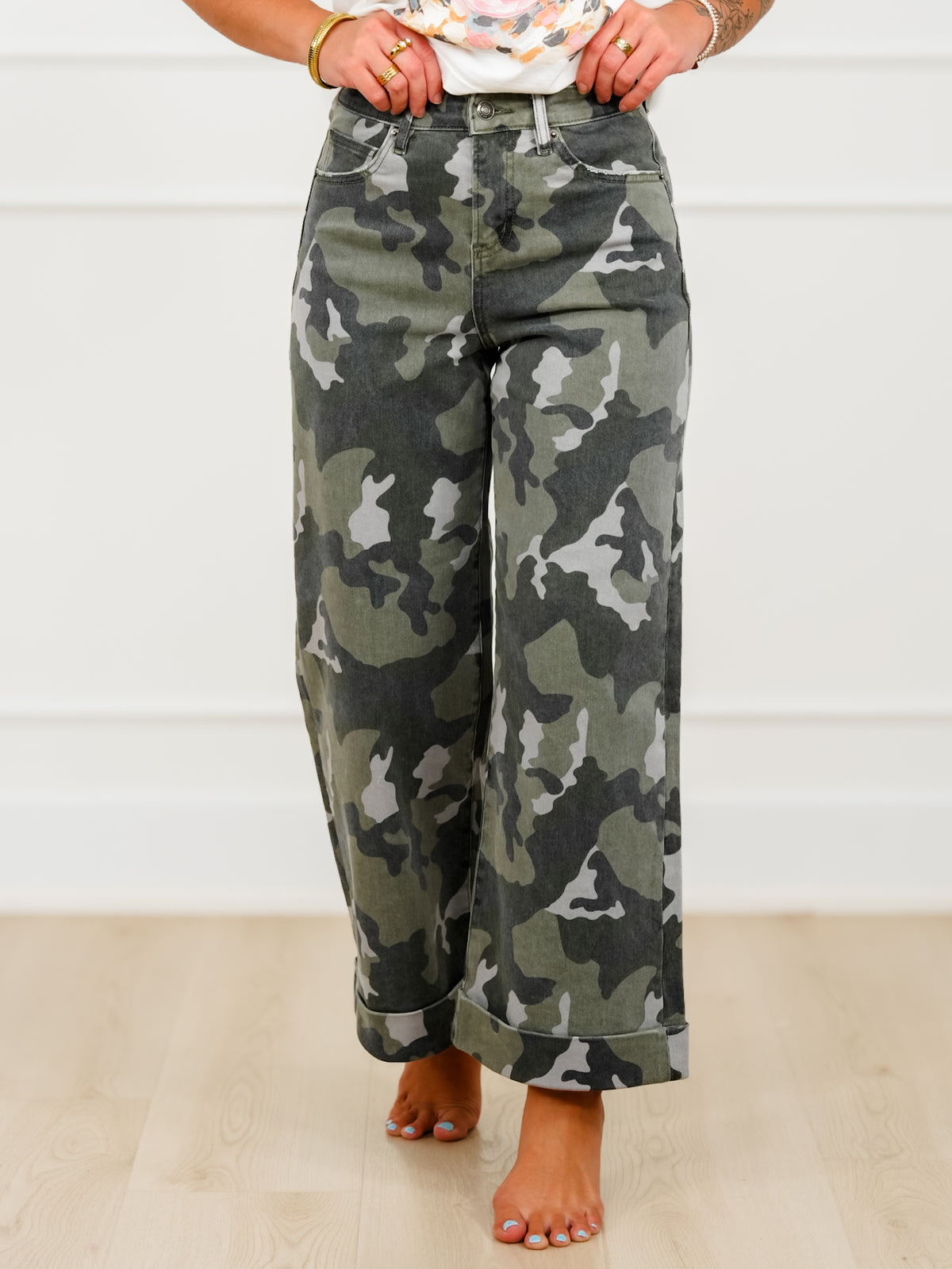 Mica High Rise Camo Wide Leg Cuffed Hem Jeans - Freckled Poppy