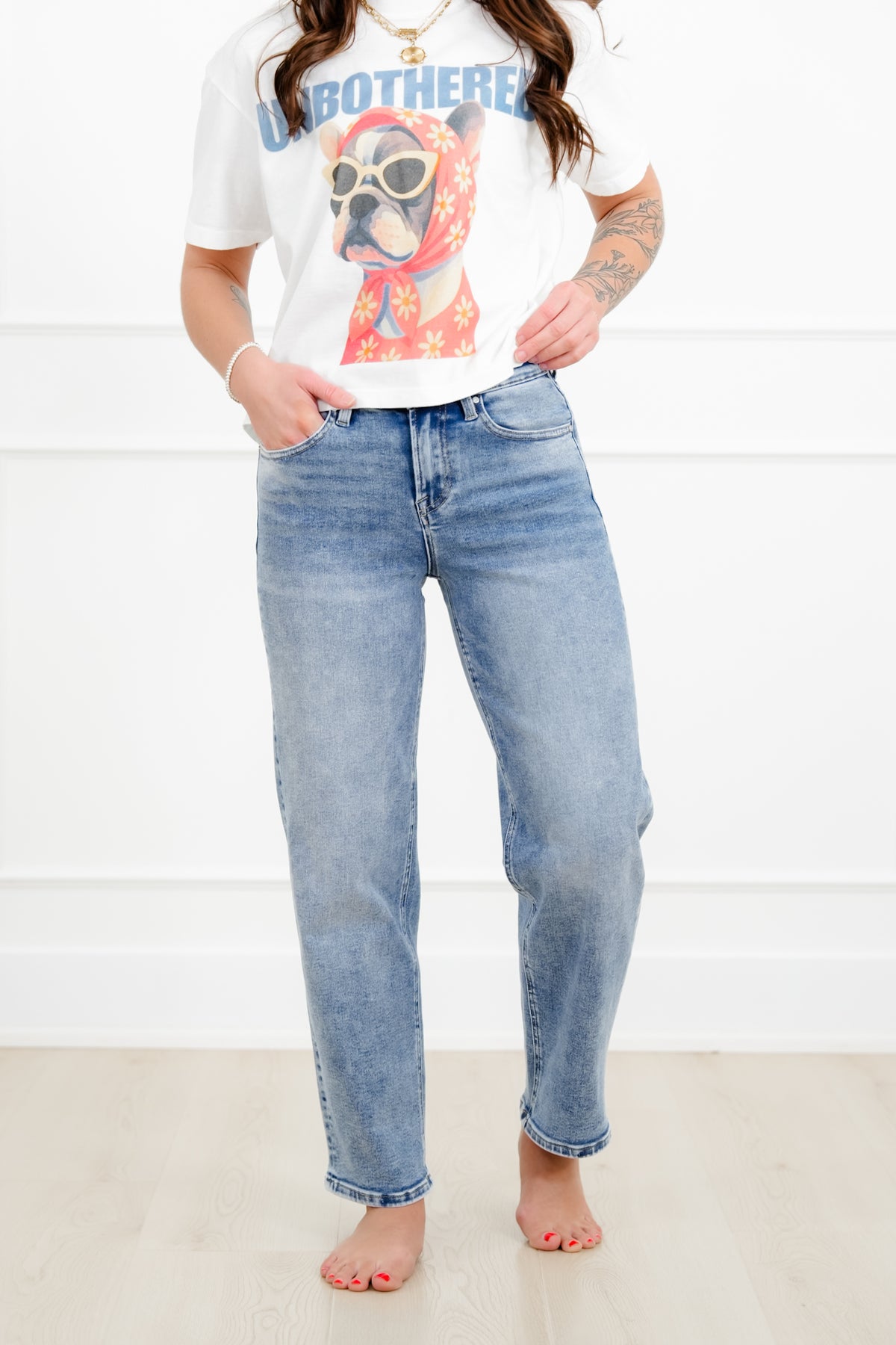 Restock! Risen High Rise Medium Wash Boyfriend Jeans - Freckled Poppy