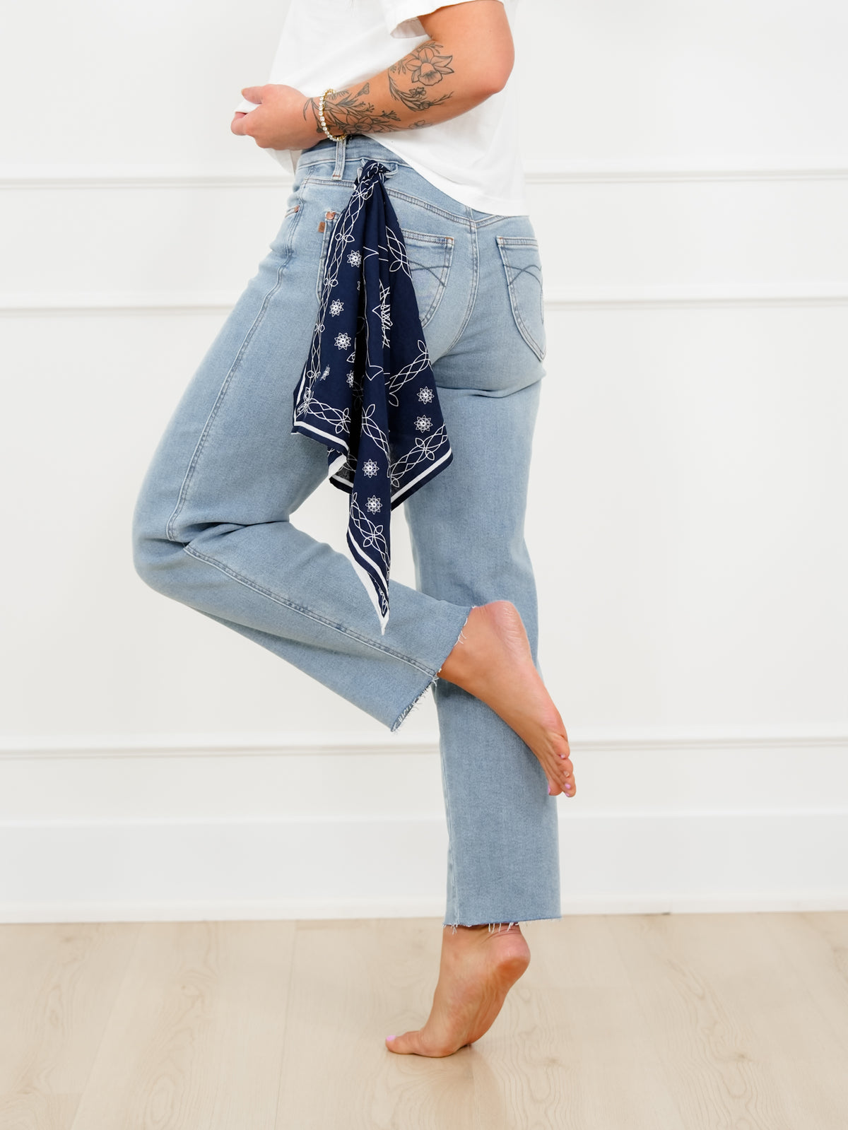 Judy Blue Mid Rise Medium Wash Straight Leg Ankle Jeans with Bandana Loop - Freckled Poppy
