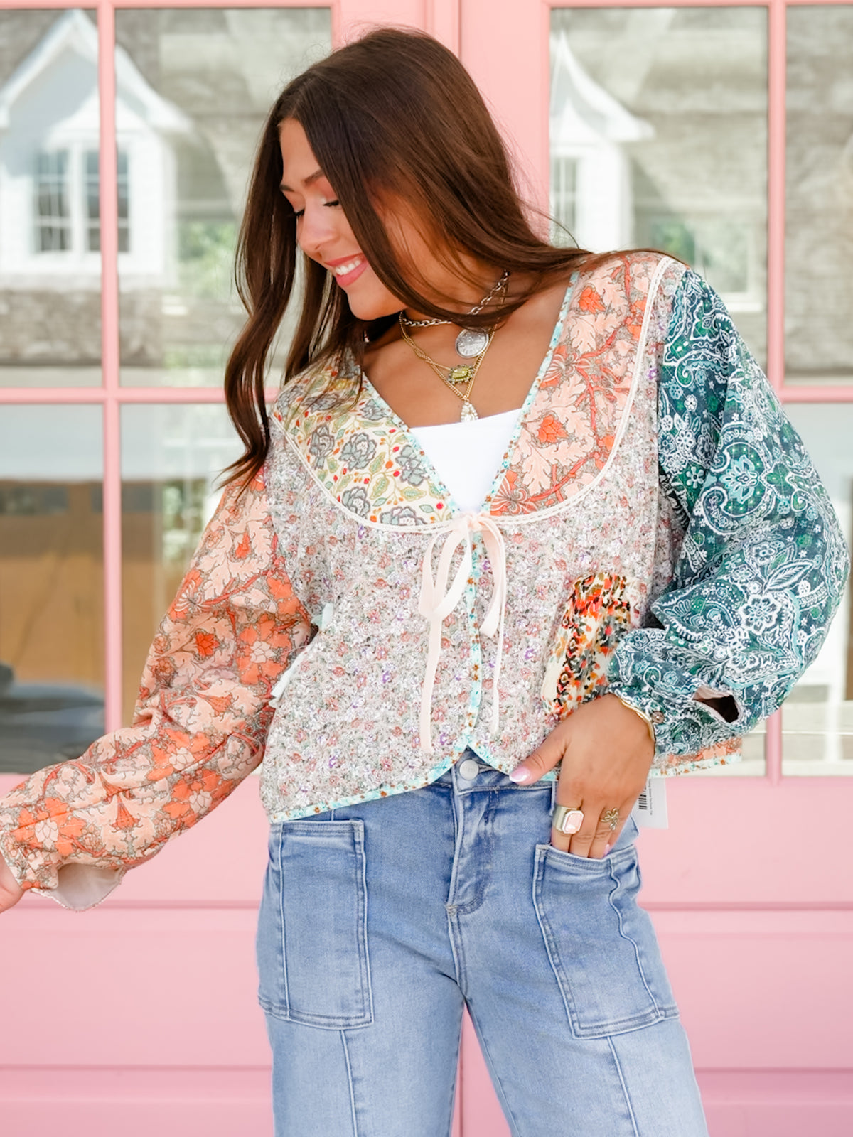 Patchwork Print Long Sleeve Tie Front Top - Freckled Poppy