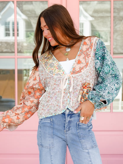 Patchwork Print Long Sleeve Tie Front Top - Freckled Poppy
