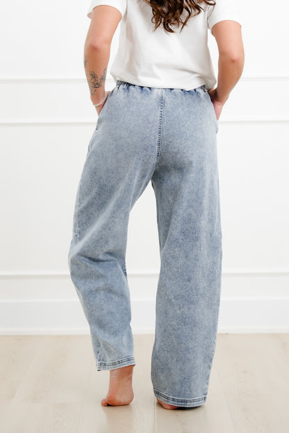 Risen Mid Rise Light Wash Elastic Waistband Barrel Jeans with Front Seam - Freckled Poppy