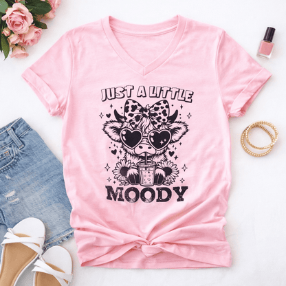 Plus/Reg Short Sleeve V Neck "Just A Little Moody" Graphic Tee - Freckled Poppy