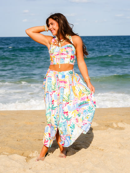 Coastal Print Sleeveless Halter Neck Crop Top - Freckled Poppy