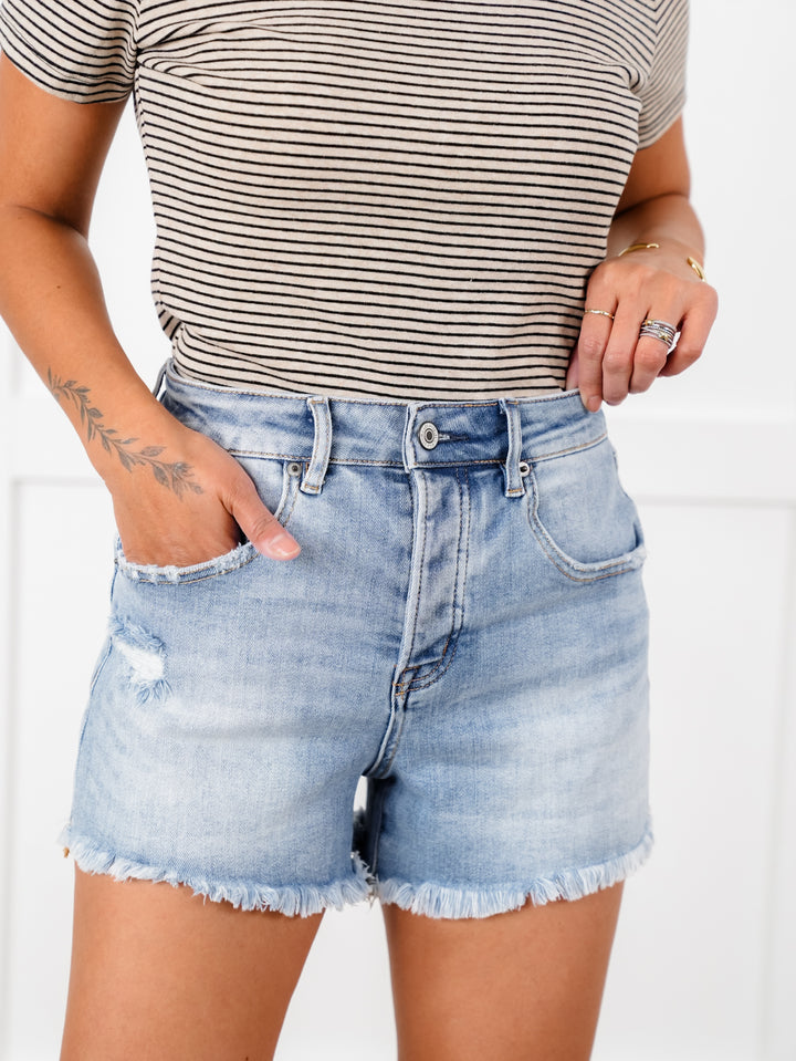 Mica Light Wash Distressed Button Fly Raw Hem Shorts - Freckled Poppy