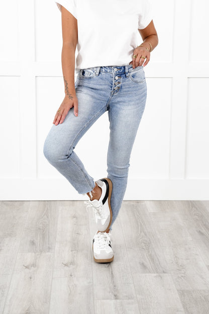Restock! Mica Mid Rise Light Wash Button Fly Cropped Skinny Jeans