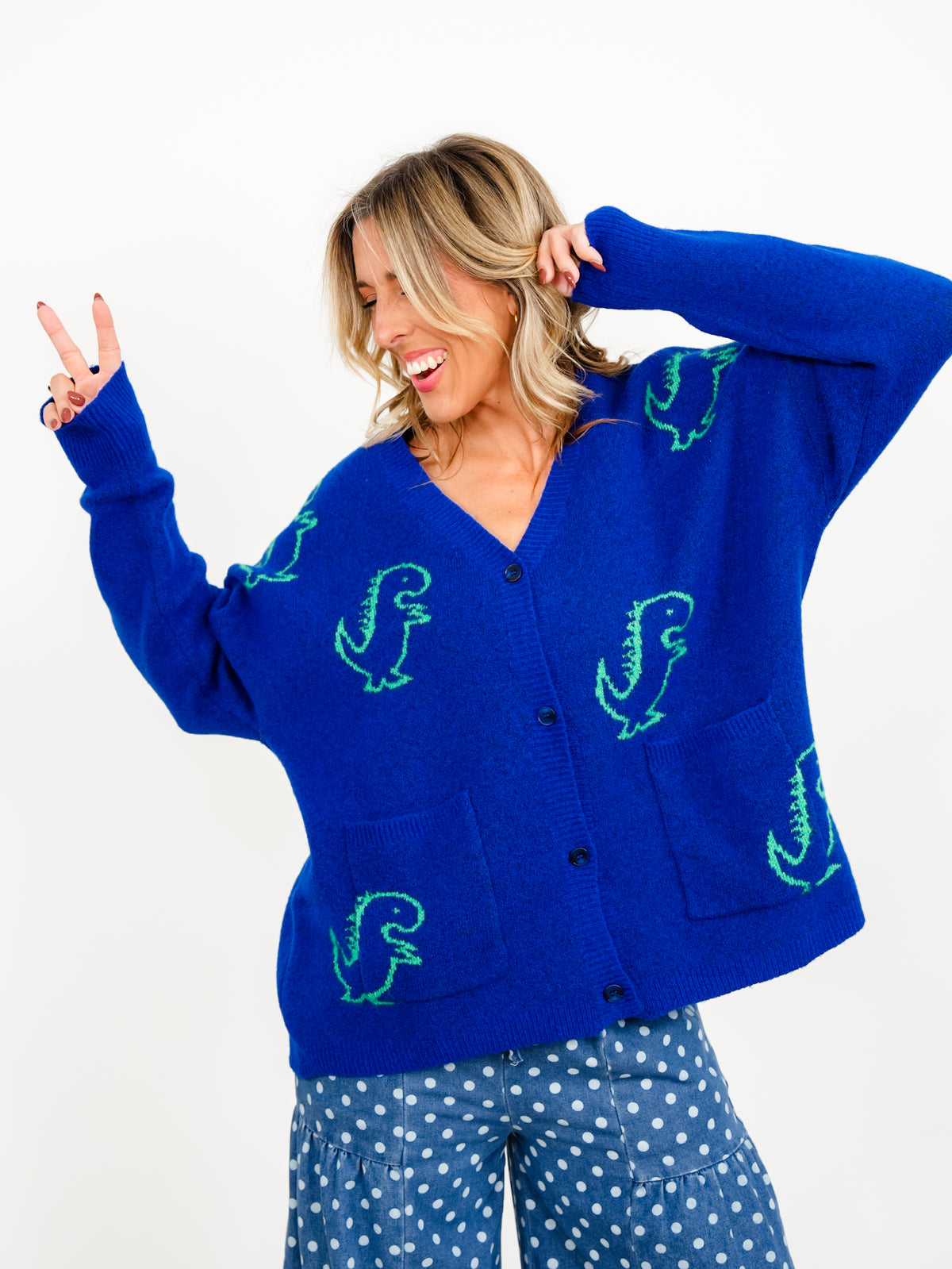 Plus/Reg Dinosaur Pattern Button Down Cardigan With Pockets - Freckled Poppy